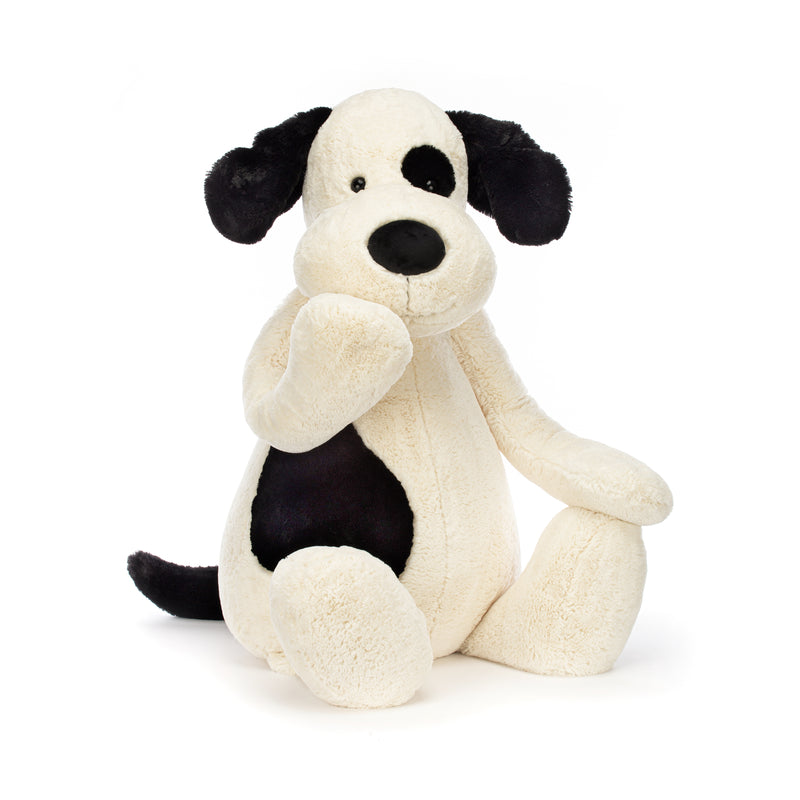 bashful black and cream puppy from jellycat stuffed animal dog