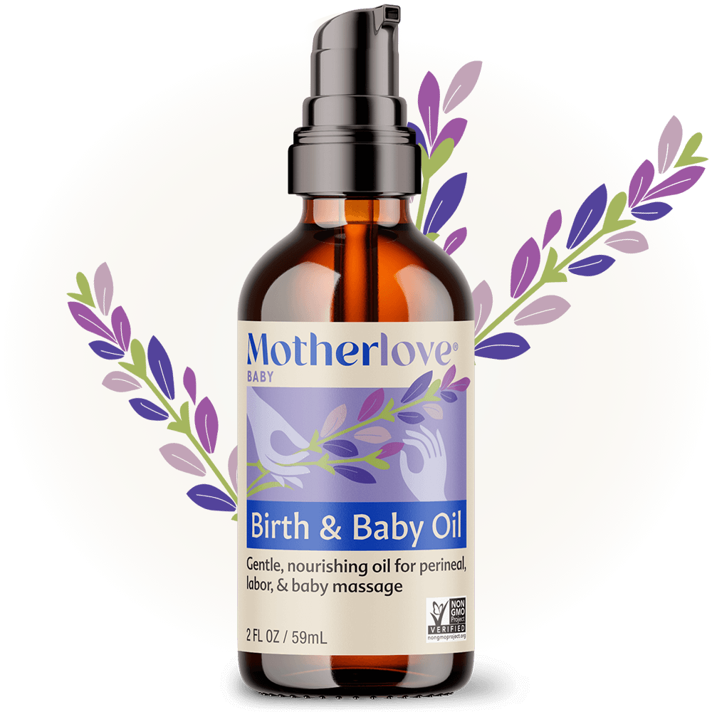A bottle of Motherlove Birth & Baby Oil displayed beautifully, created for soothing perineal massage oil during pregnancy and postpartum.