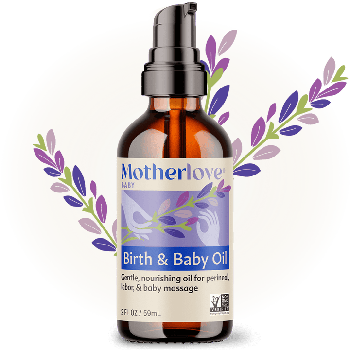 A bottle of Motherlove Birth & Baby Oil displayed beautifully, created for soothing perineal massage oil during pregnancy and postpartum.