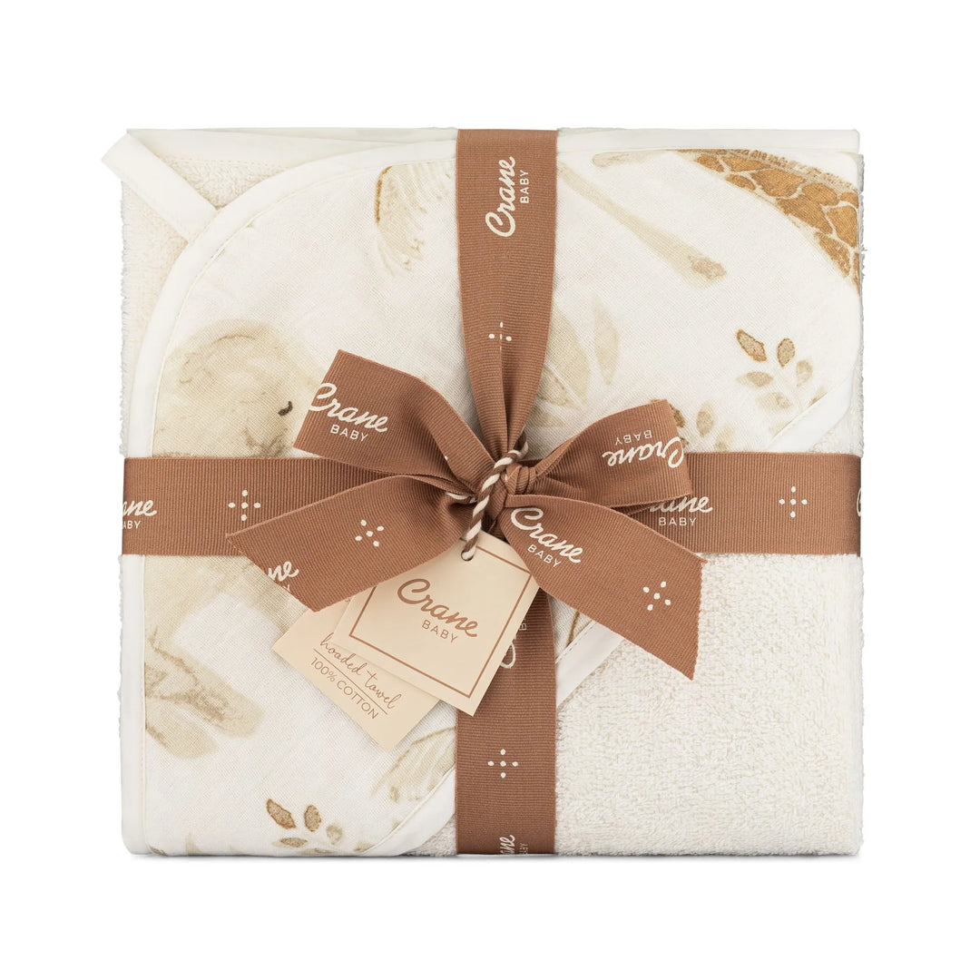 Crane Baby Kendi Hooded Towel, an absorbent baby bath towel with hood, perfect for keeping infants warm and cozy.