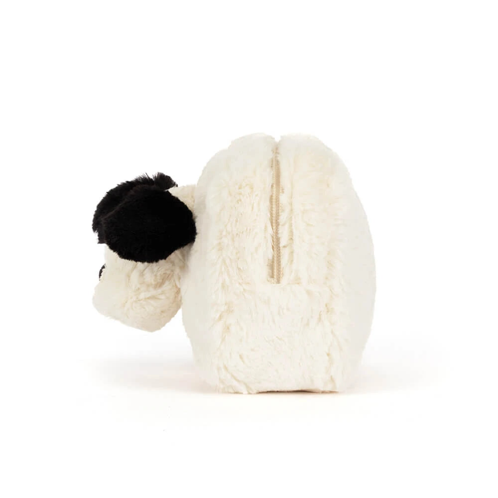 Jellycat Rufferty Puppy Pouch shown from a side angle, soft plush dog accessory bag
