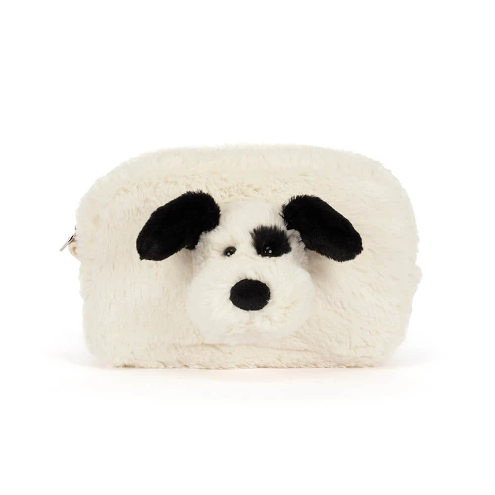 Jellycat Rufferty Puppy Pouch, close-up detail of the puppy's iconic patch