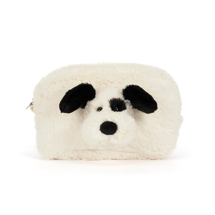 Jellycat Rufferty Puppy Pouch, close-up detail of the puppy's iconic patch
