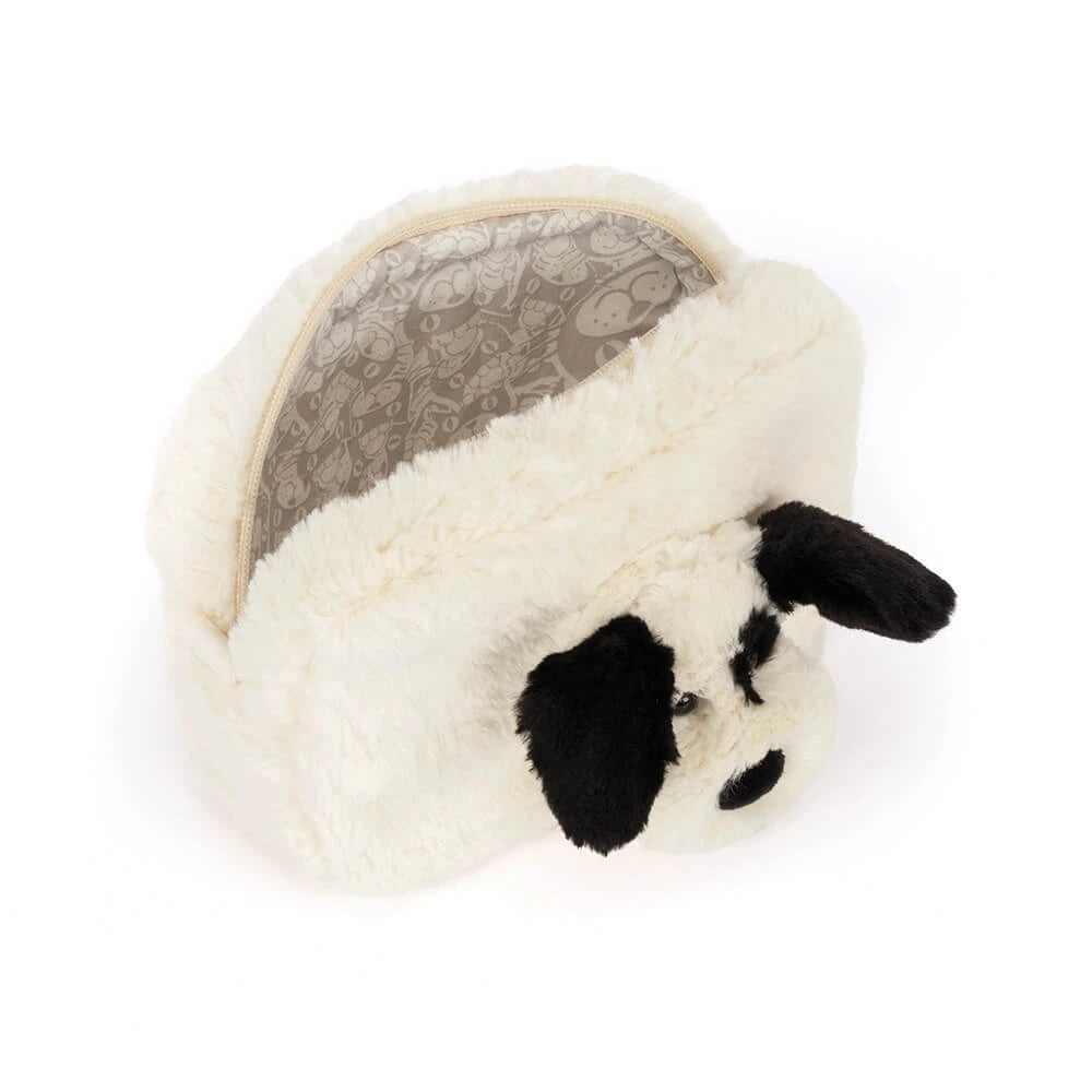 Jellycat Rufferty Puppy Pouch pictured to show size, fits easily inside a bag or purse