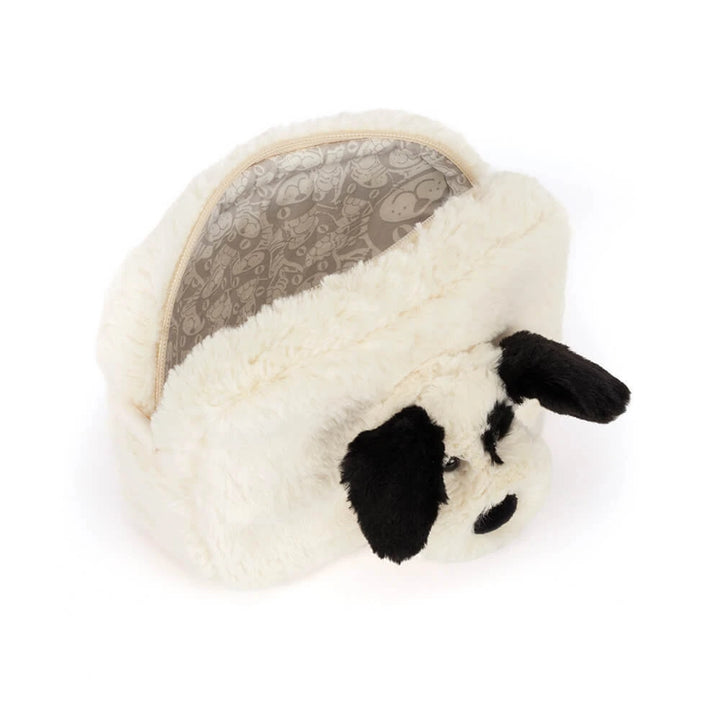 Jellycat Rufferty Puppy Pouch pictured to show size, fits easily inside a bag or purse