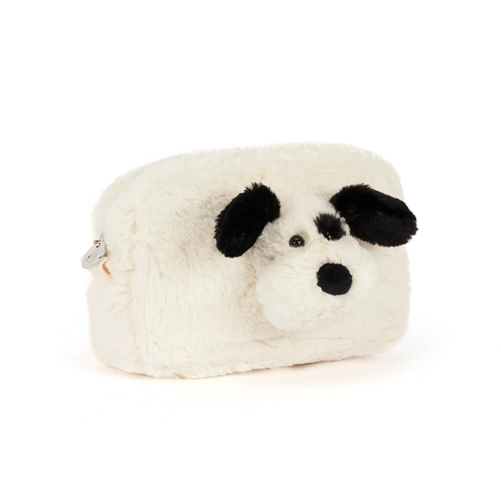 Jellycat Rufferty Puppy Pouch, black and cream plush puppy coin purse, front view