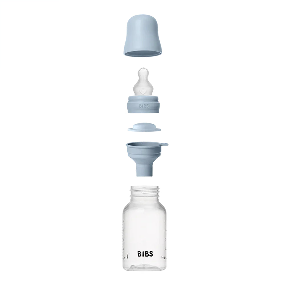 BIBS Baby Blue 150ml baby bottle with a soft silicone nipple for comfort.