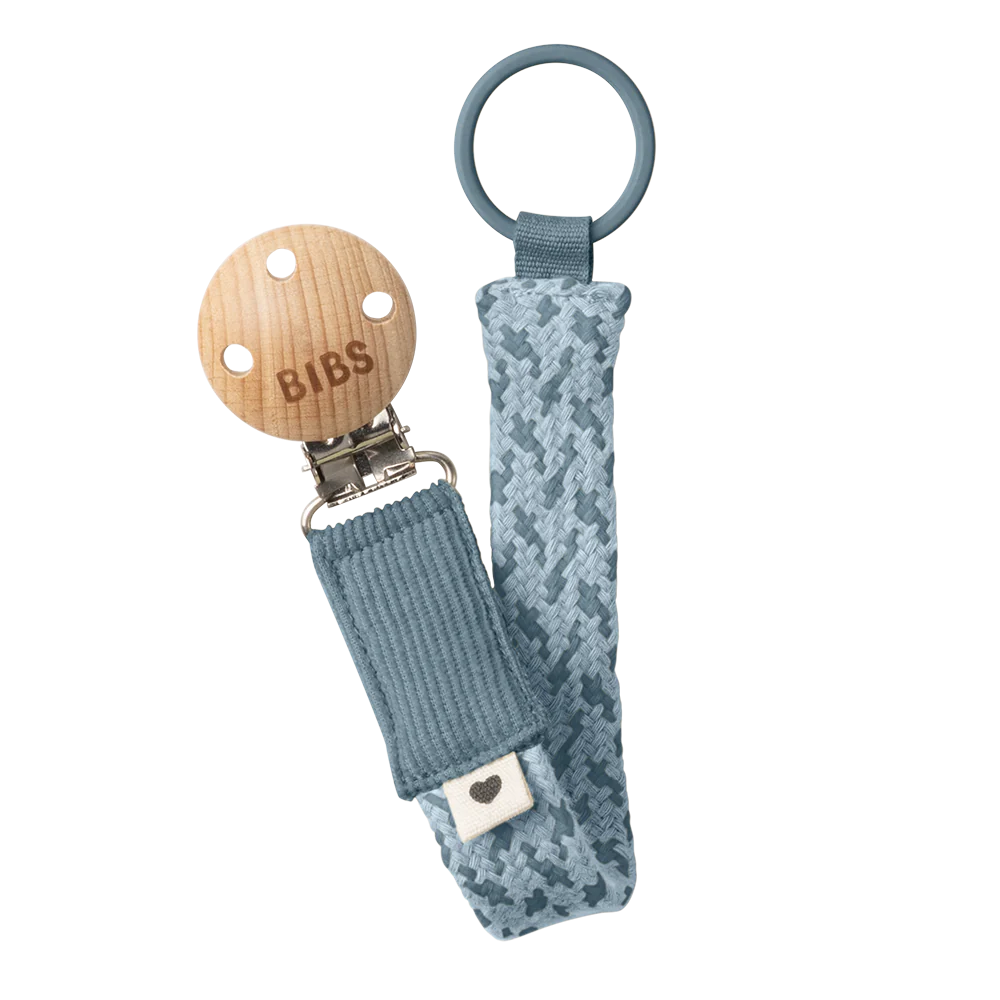 BIBS braided pacifier clip in petrol and baby blue