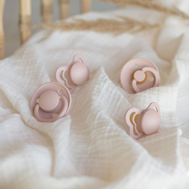 Alternative angle of Blush BIBS Try It Collection, pacifiers for newborns.