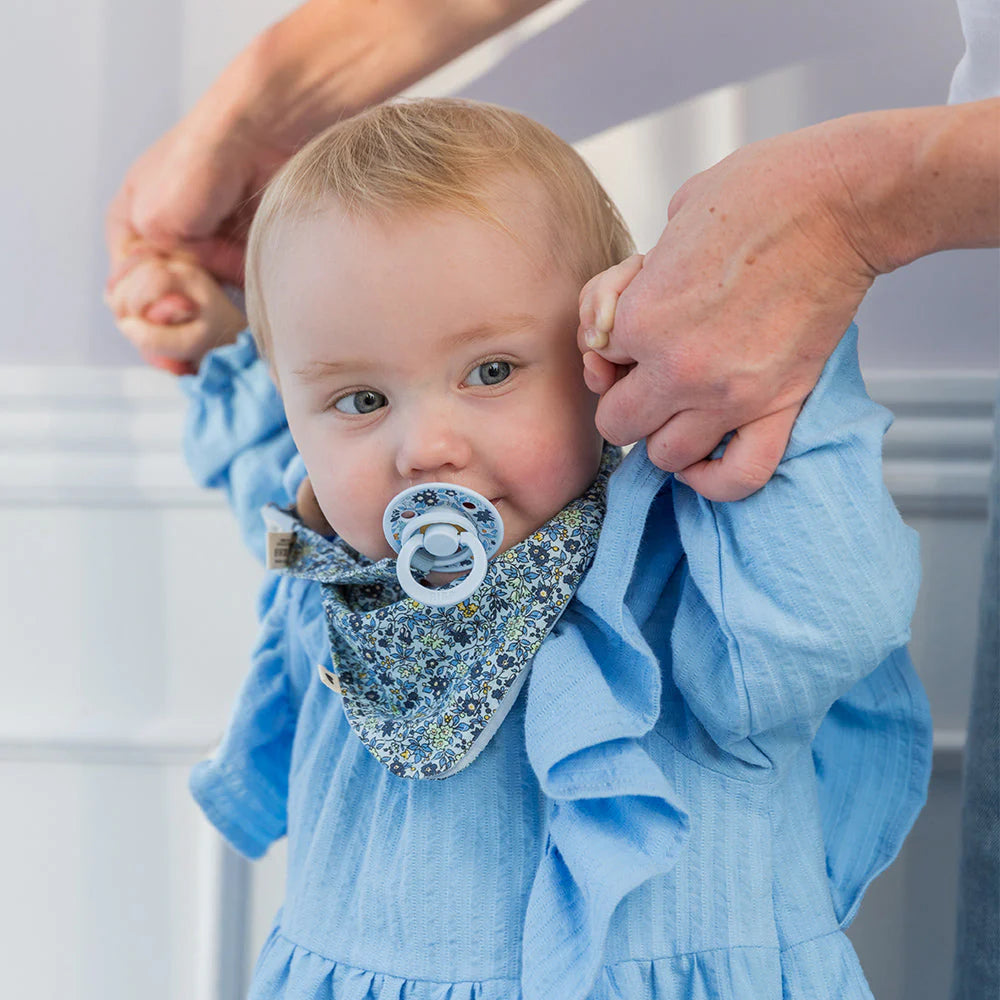 Another lifestyle look BIBS Liberty Bandana Bib, premium bibs for baby in soft floral fabrics.