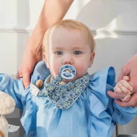 Everyday look of BIBS Liberty Pacifier Clip in Chamomile Lawn Baby Blue designed for baby pacifiers.