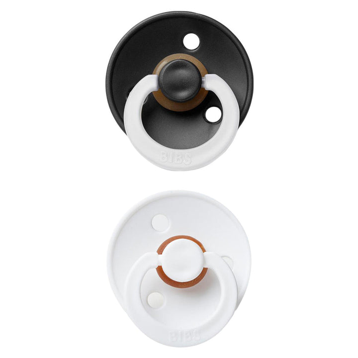 Bold contrast BIBS Pacifier Colour Collection 2 Pack Black Glow & White, best pacifiers set.