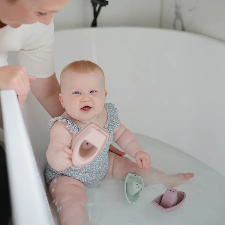 Sweet Petal Mushie Bath Boats designed as safe bath toys for one year old babies.