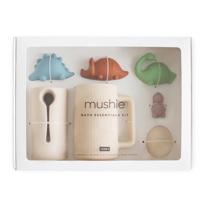 Mushie Dino Bath Essentials Kit in gift box - dinosaur-themed BPA-free silicone bath toys in kraft gift packaging