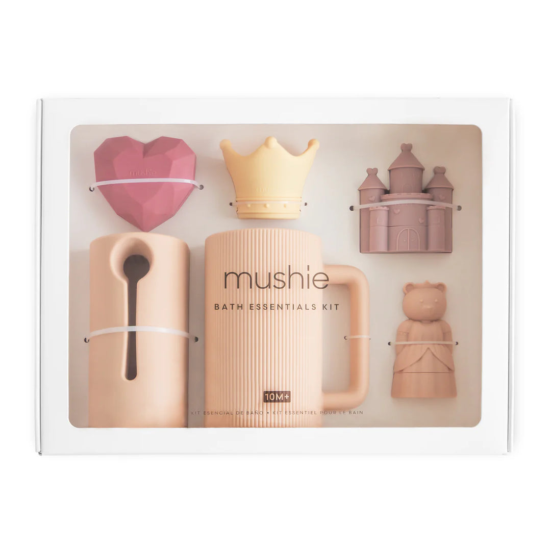 Mushie Princess Bath Essentials Kit in gift box - beautifully packaged silicone bath toy set with ribbon