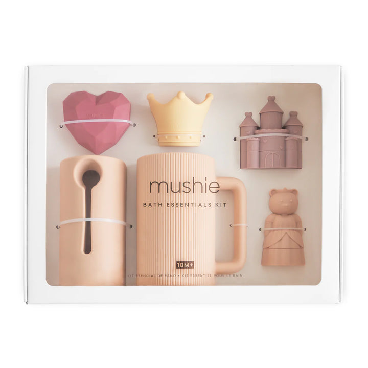 Mushie Princess Bath Essentials Kit in gift box - beautifully packaged silicone bath toy set with ribbon