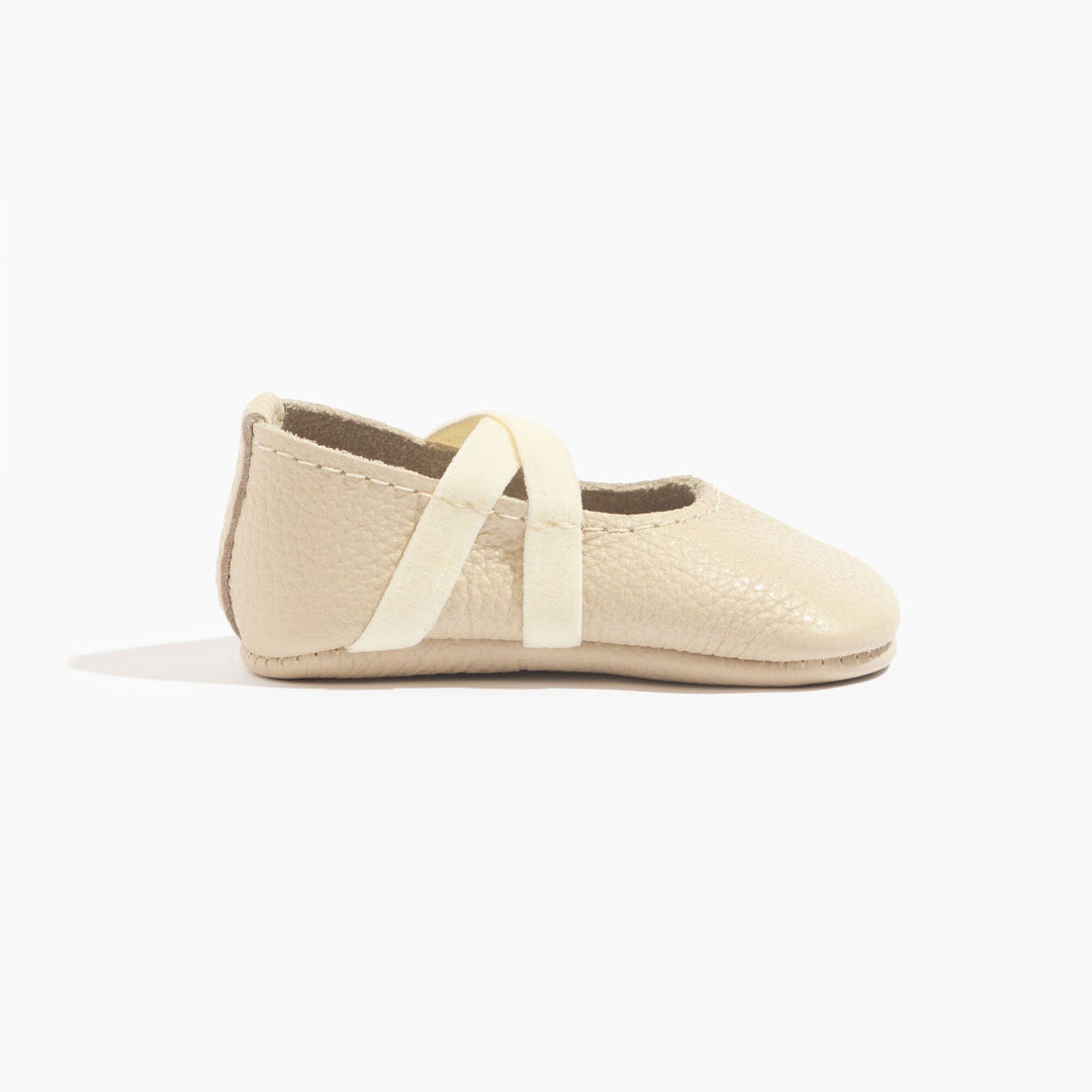 Freshly Picked Birch Ballet Slipper baby shoe side profile, crisscross strap