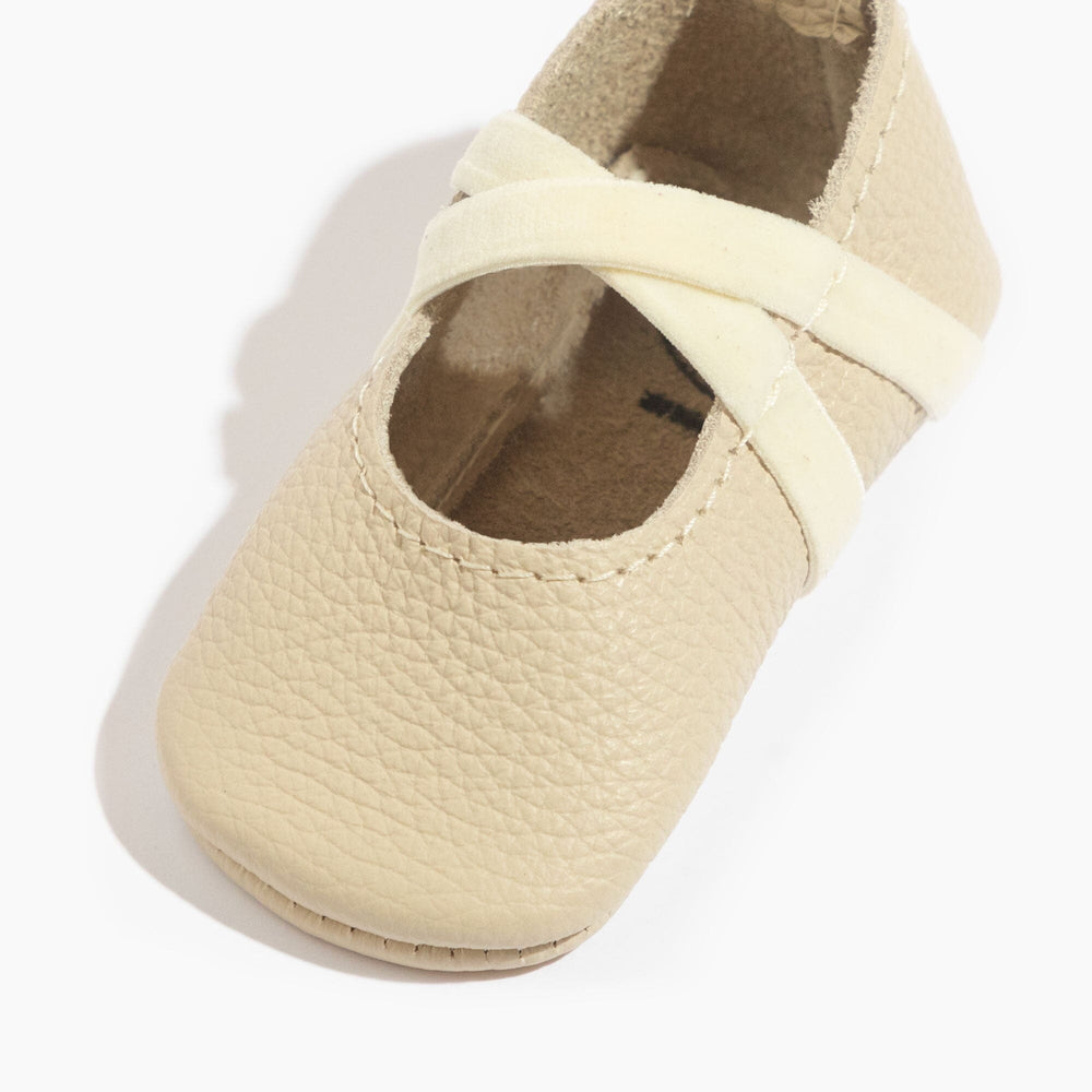 Freshly Picked Birch Ballet Slipper baby shoe angled view, cream leather