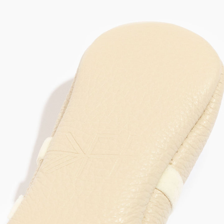 Freshly Picked Birch Ballet Slipper baby shoe sole logo close-up, premium leather