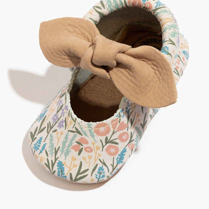 Freshly Picked Bloom Knotted Bow baby shoe angled view, floral print leather
