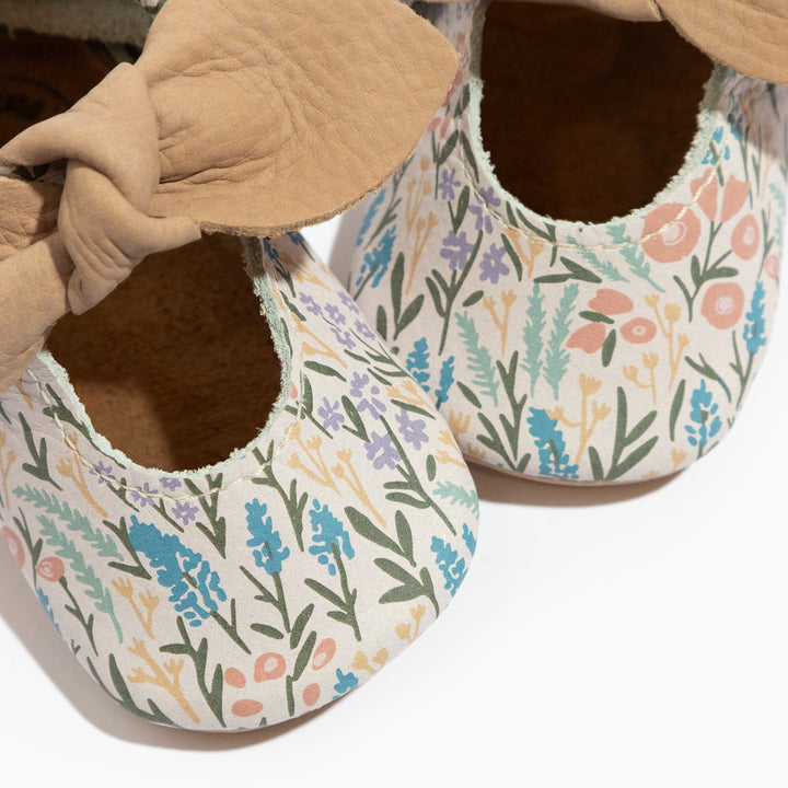 Freshly Picked Bloom Knotted Bow baby shoes close-up, bow and floral pattern detail