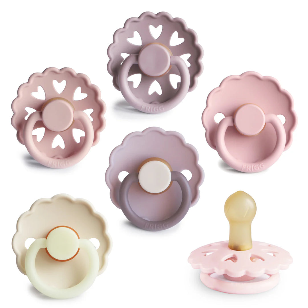 FRIGG Blooming Love natural rubber pacifier 6-pack - six latex BPA-free pacifiers in soft blush tones