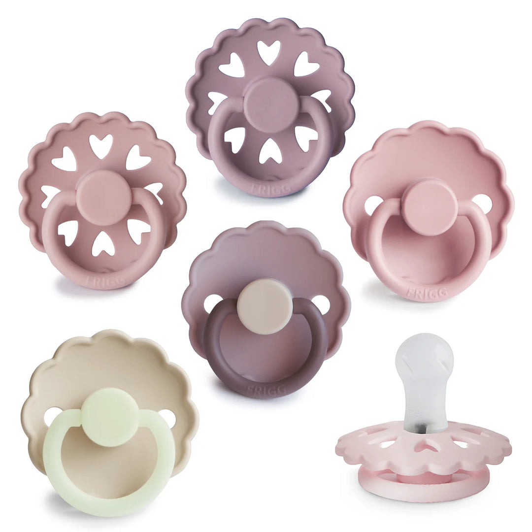 FRIGG Blooming Love silicone pacifier 6-pack size 1 - six BPA-free pacifiers in soft blush and rose tones
