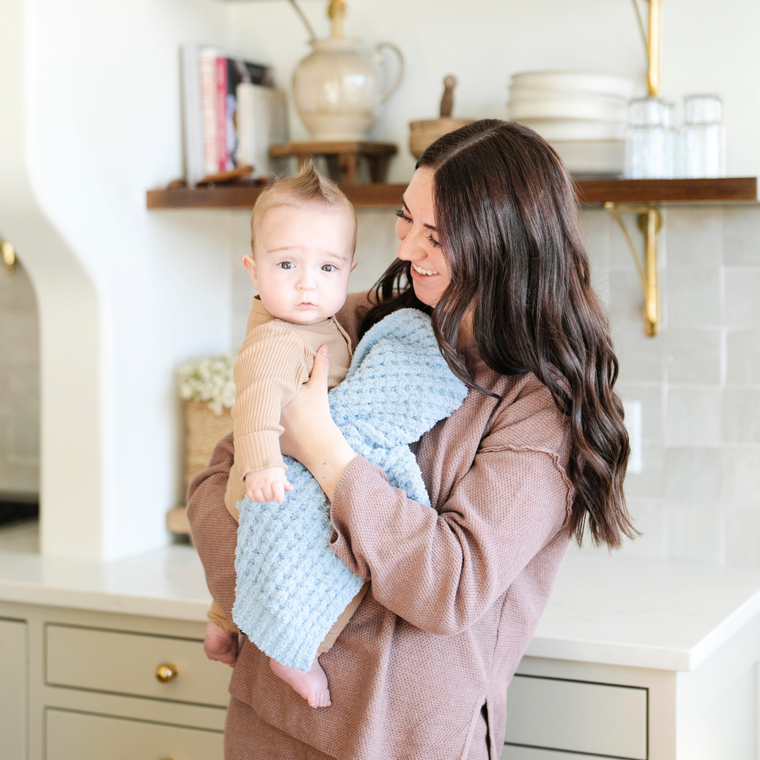 Blue Jay Saranoni Waffle Knit Mini Blanket shows a rich woven detail and luxe comfort suited for a Baby boy blanket.