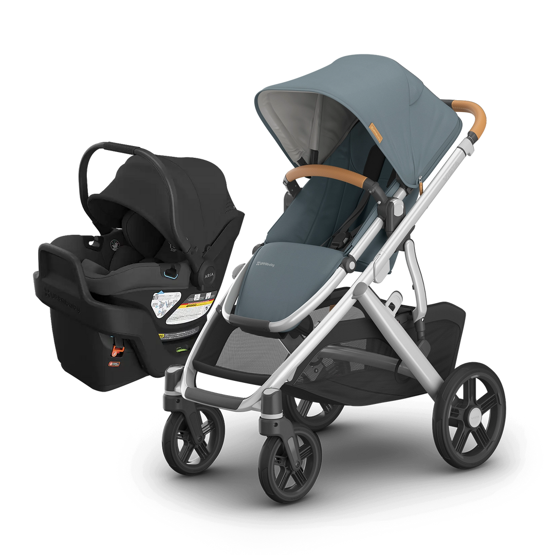 UPPAbaby Vista V3 Callum with Aria V2 Jake — stone blue stroller with black lightweight infant car seat