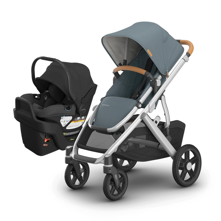 UPPAbaby Vista V3 Callum with Aria V2 Jake — stone blue stroller with black lightweight infant car seat