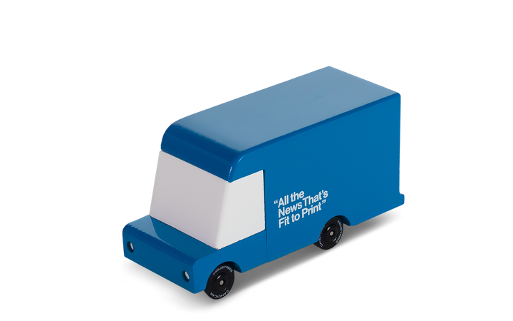 Plantoys New York Times Van car toy displayed from a front angle, ideal as a small toy car.