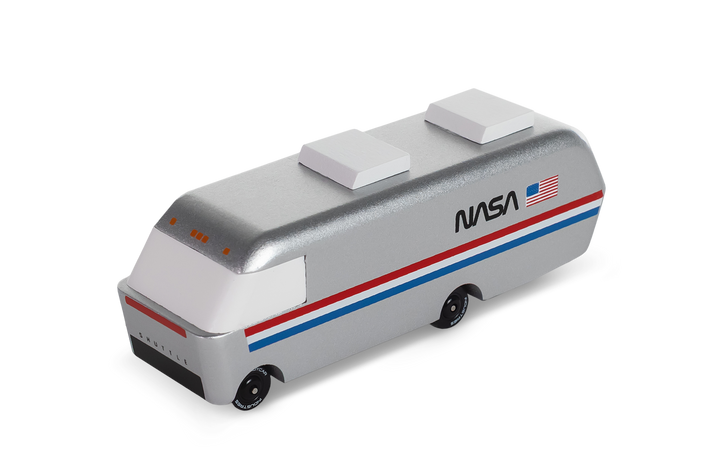 Experience the Plantoys NASA Astrovan in a dynamic front angle, crafted as a premium toy cars option.