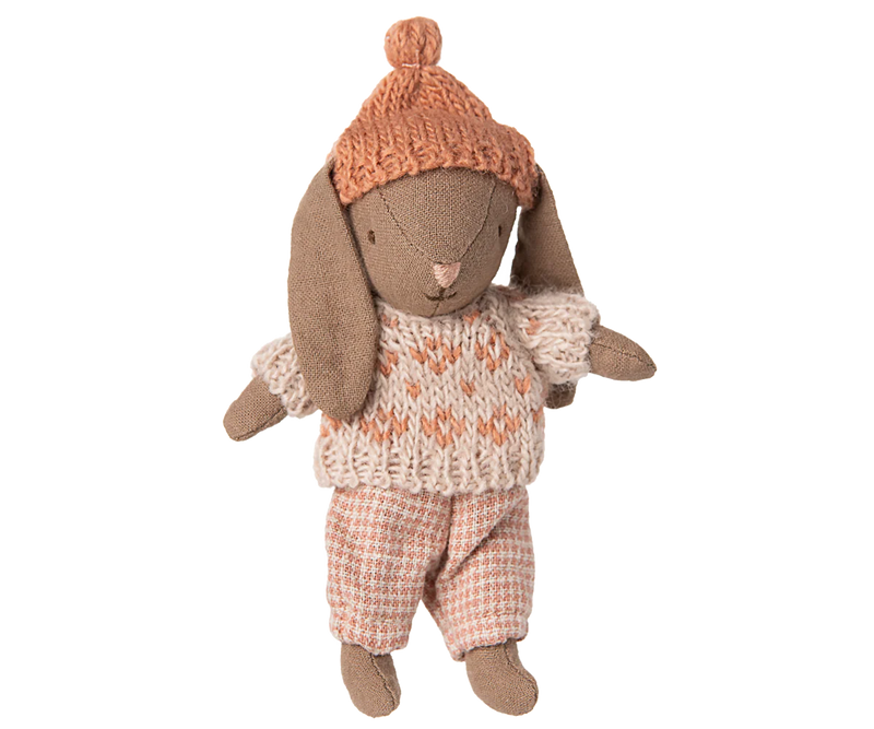 Close-up of the Maileg Micro Bunny in winter Brown/Rose, designed to delight with stuffed dolls.