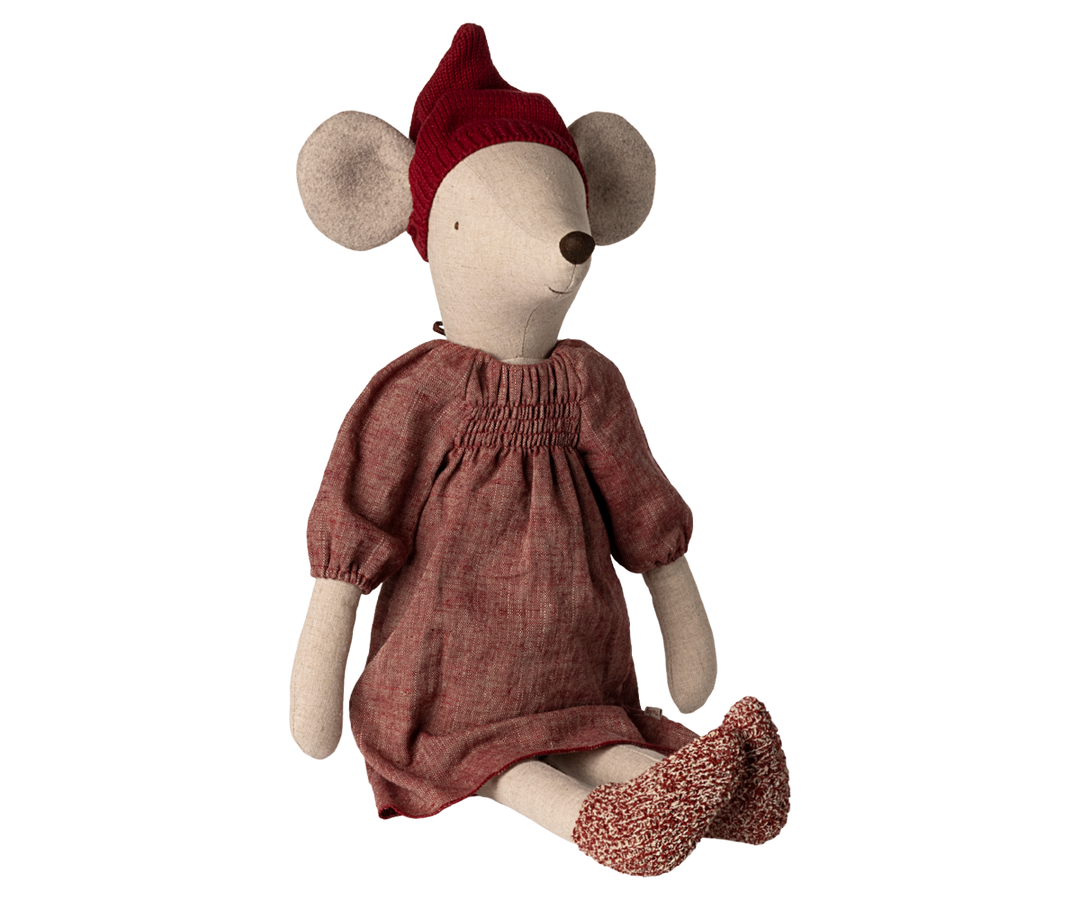 Maileg Christmas Mouse, Maxi Girl in red dress and knitted Christmas hat, 24-inch holiday plush
