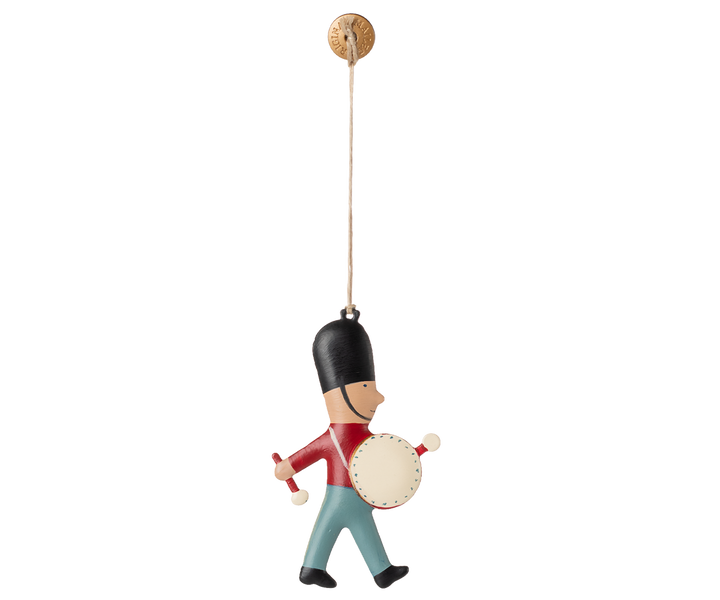 Shown in bold detail, the Maileg Guard Metal Ornament with Drum becomes a standout Christmas ornament.