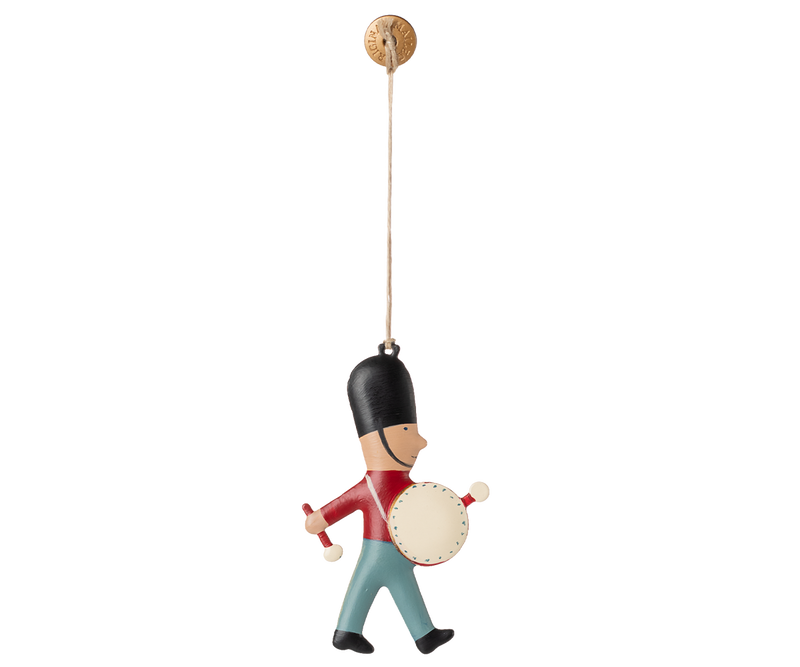 Shown in bold detail, the Maileg Guard Metal Ornament with Drum becomes a standout Christmas ornament.