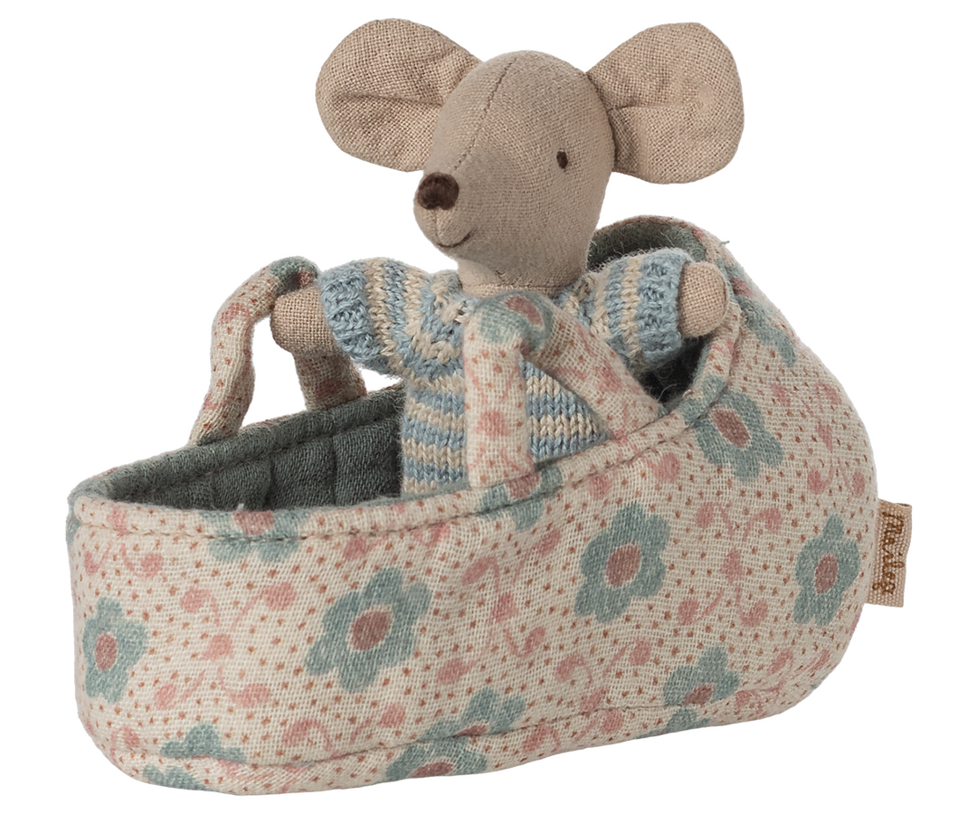 Tiny adventures begin with the Maileg Baby Mouse resting in its cozy Carry Cot.