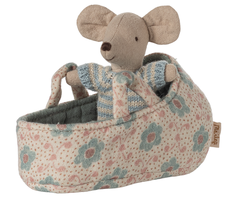 Tiny adventures begin with the Maileg Baby Mouse resting in its cozy Carry Cot.
