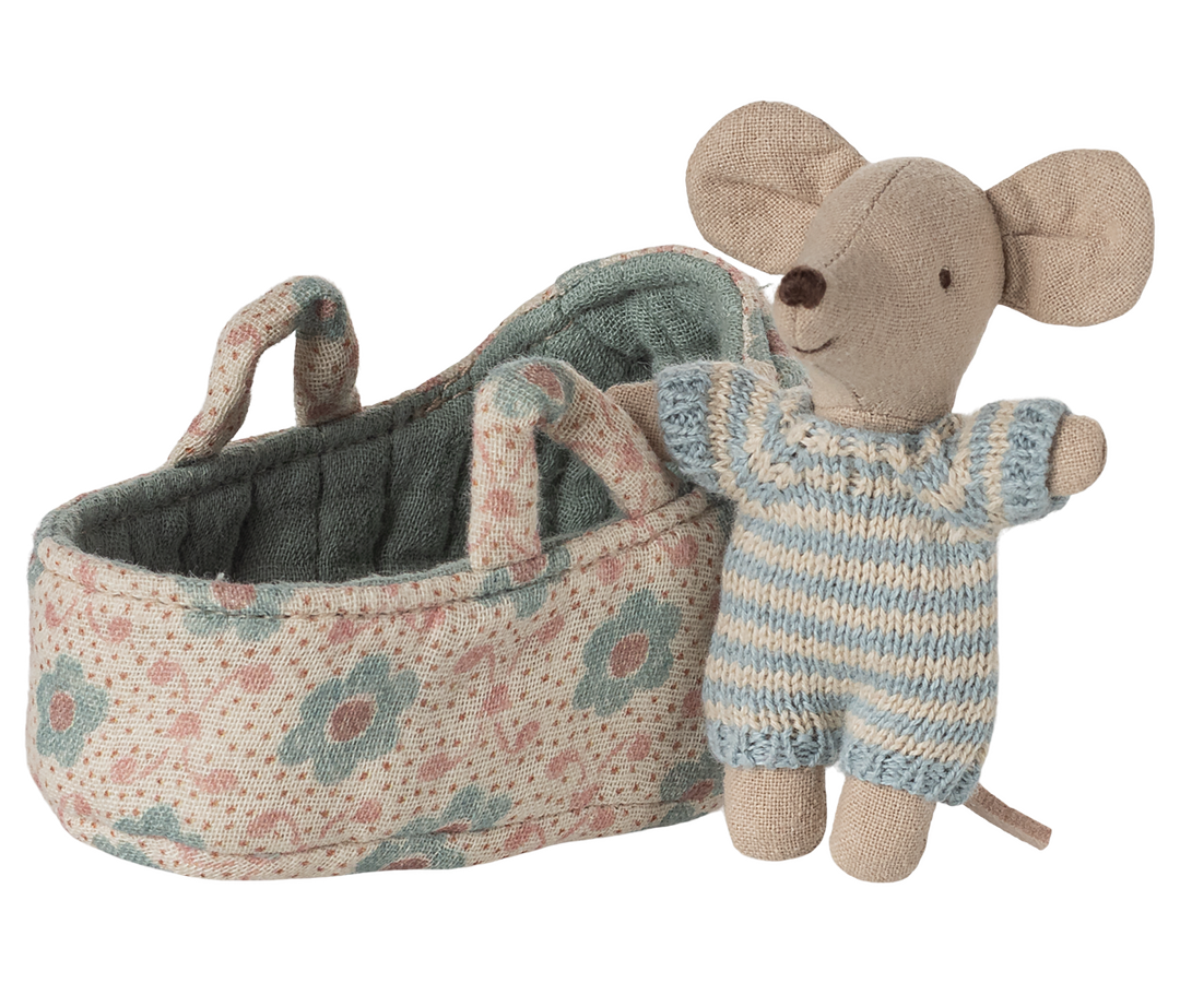 The Carry Cot holds a sweet Maileg Baby Mouse, perfect for miniature doll fun.