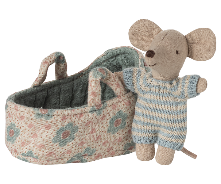 The Carry Cot holds a sweet Maileg Baby Mouse, perfect for miniature doll fun.