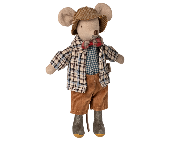 Maileg Grandad Mouse posed in his classic outfit, bringing charm to any Maileg mouse collection.