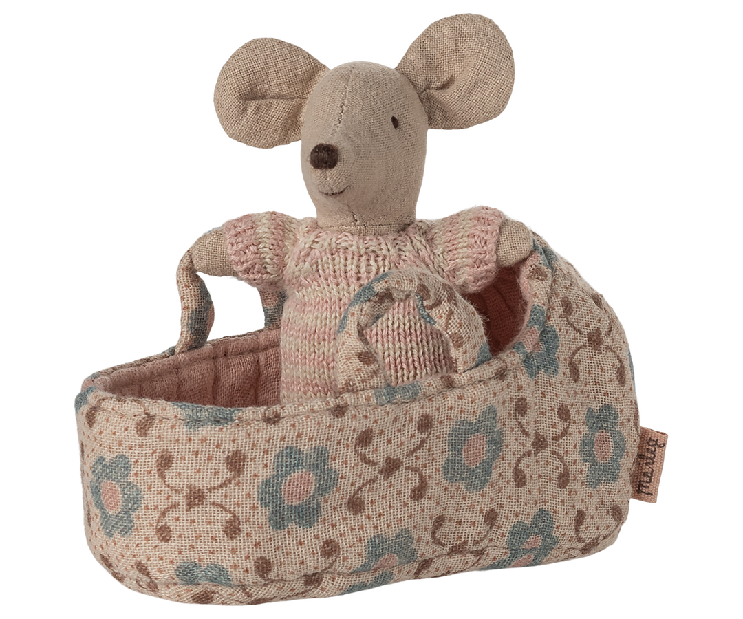 The Maileg Baby Mouse in Carry Cot creates whimsical fun for dolls and stuffed dolls.
