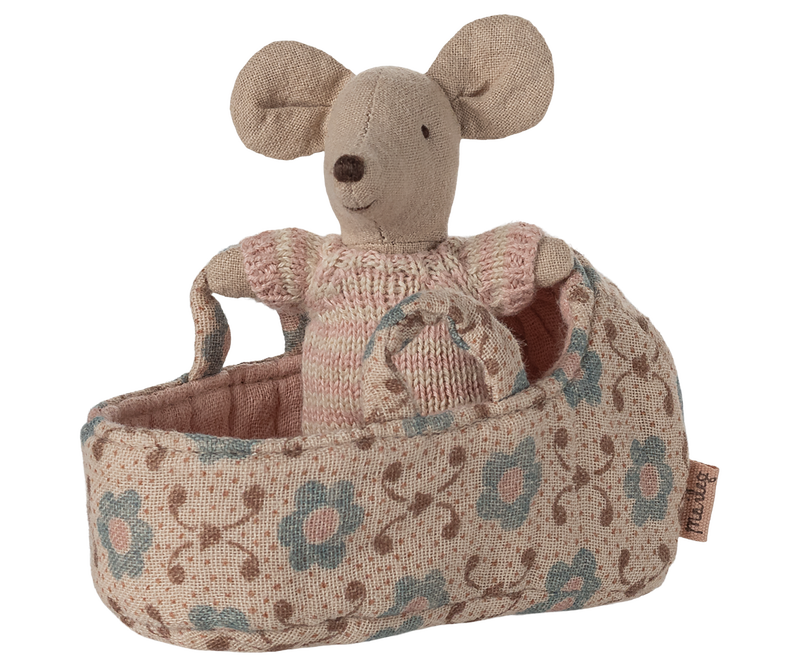 The Maileg Baby Mouse in Carry Cot creates whimsical fun for dolls and stuffed dolls.