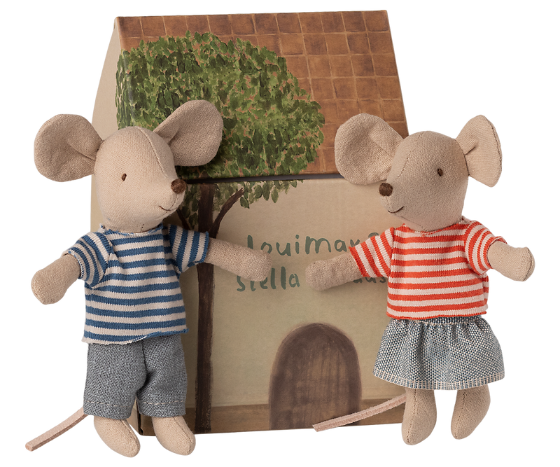 A whimsical Maileg mouse duo, Louie-Max and Stella Mice, brighten miniature mouse houses.