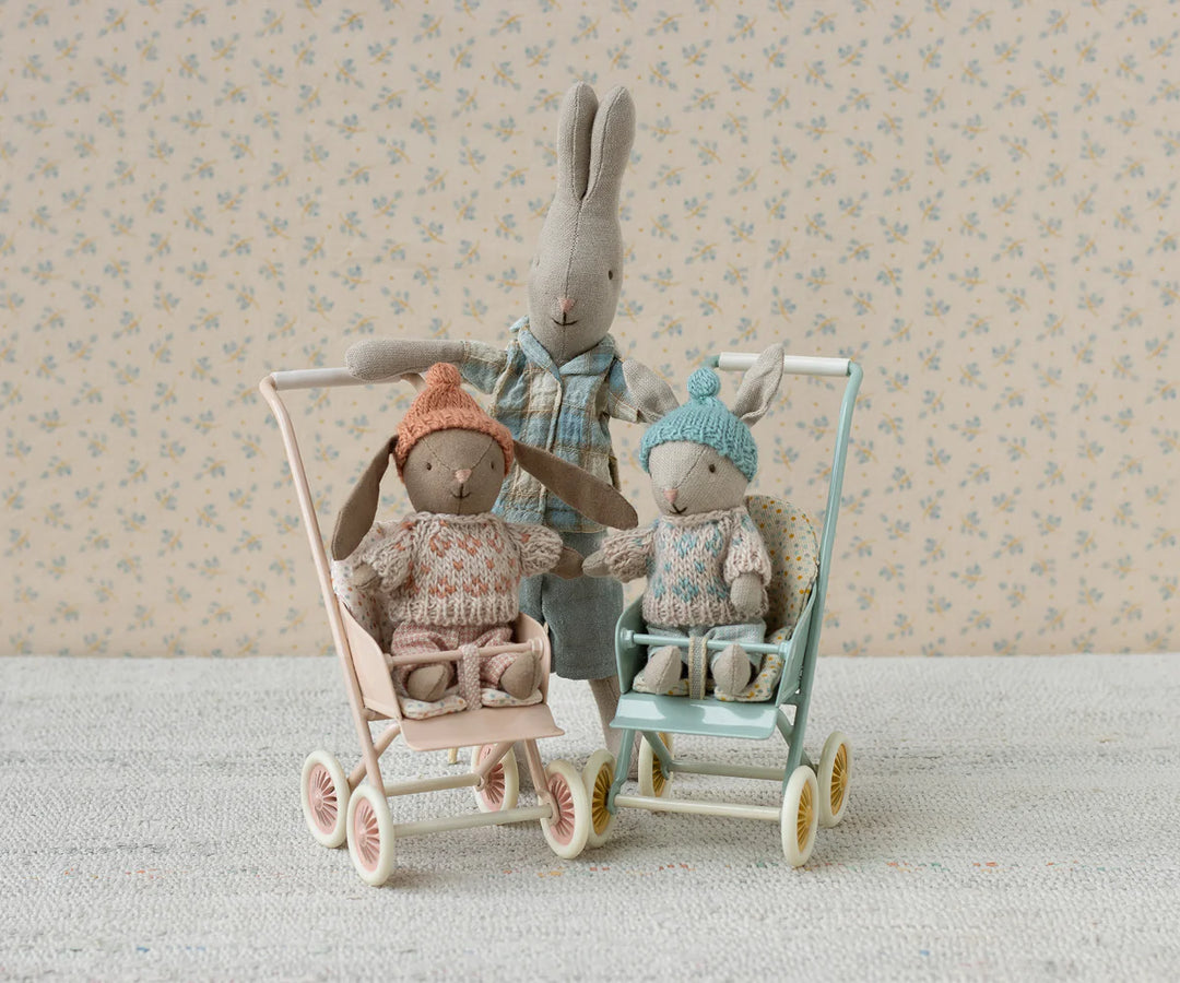 Charming Maileg Micro Bunny in winter mint/rose, styled for display with Maileg doll house accessories.