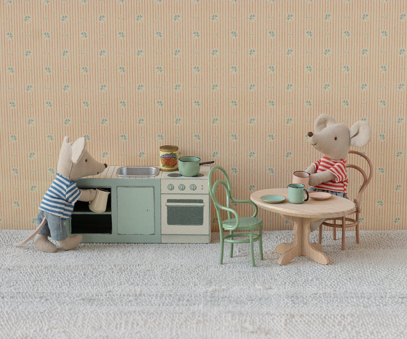 Maileg Mouse Kitchen Counter enhances dollhouse furniture with miniature kitchen style.