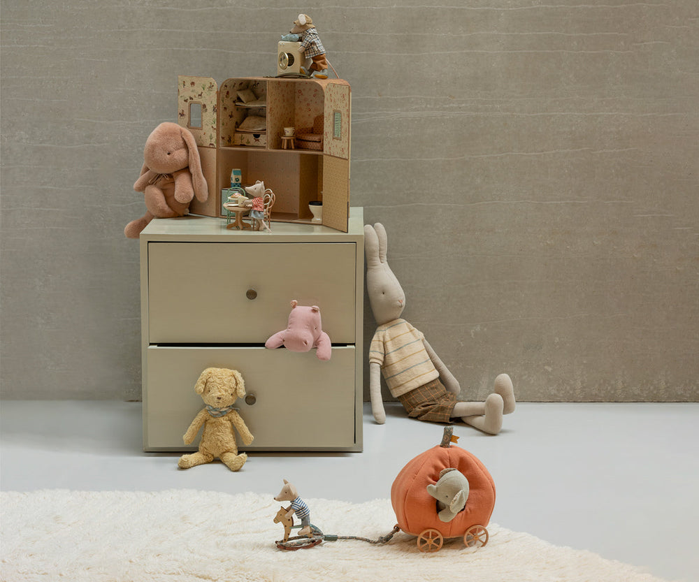 Maileg Small Rose Hippo dusty rose stuffed animal in Scandinavian nursery play scene with Maileg dolls