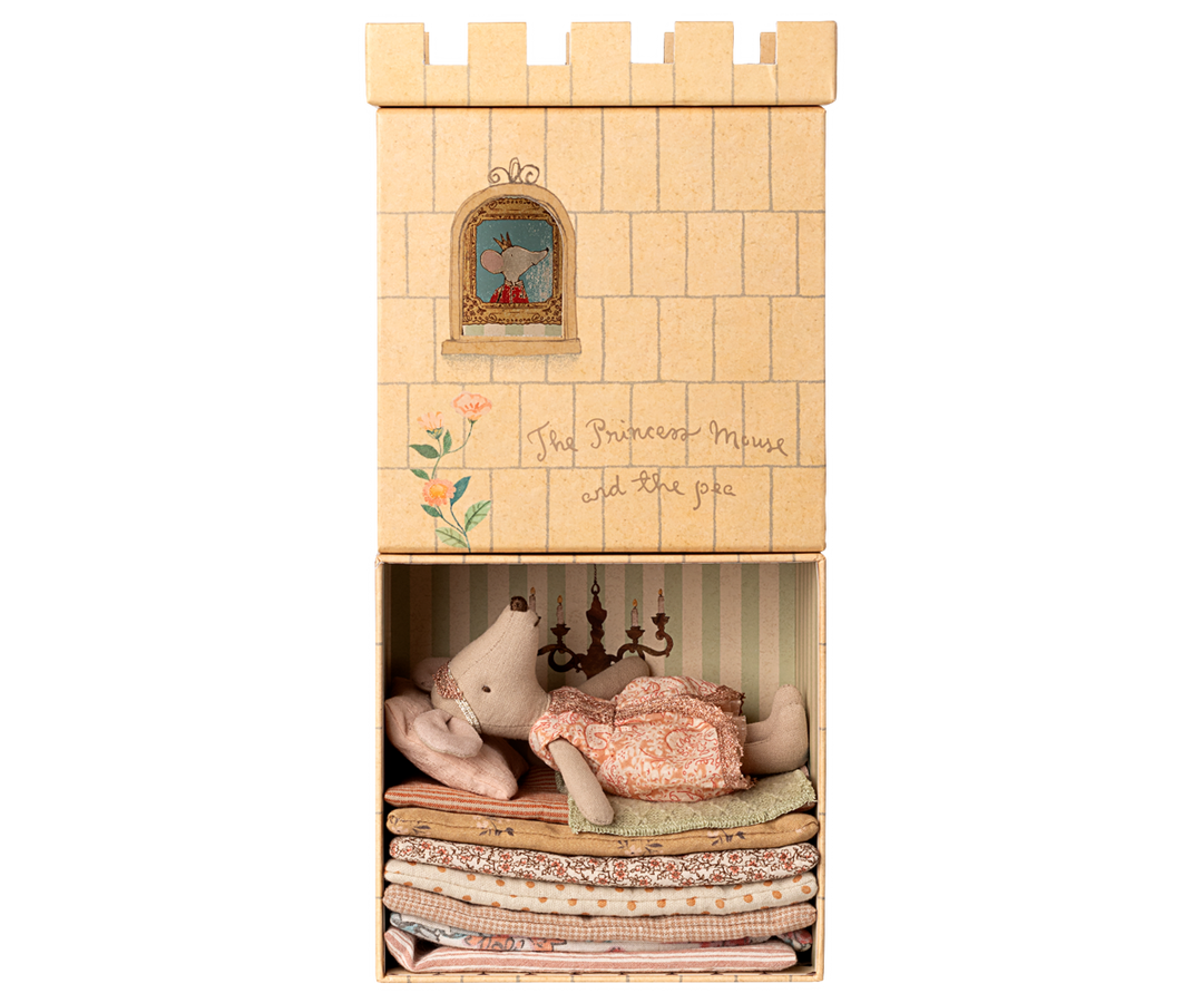 maileg princess and the pea mouse in castle with blankets