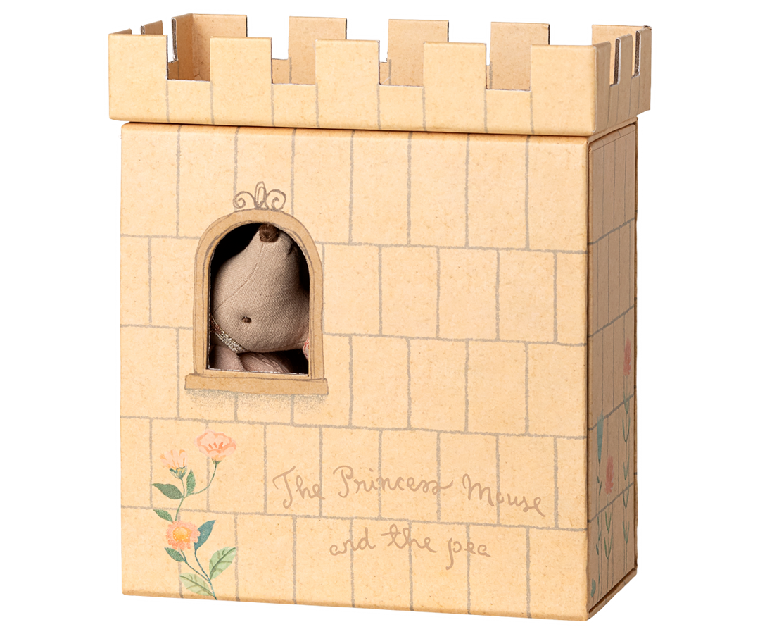princess and the pea mouse dollhouse by maileg big sister mouse peeking through castle window