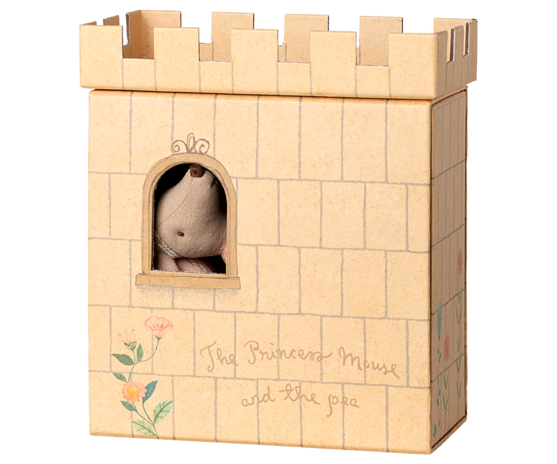 princess and the pea mouse dollhouse by maileg big sister mouse peeking through castle window